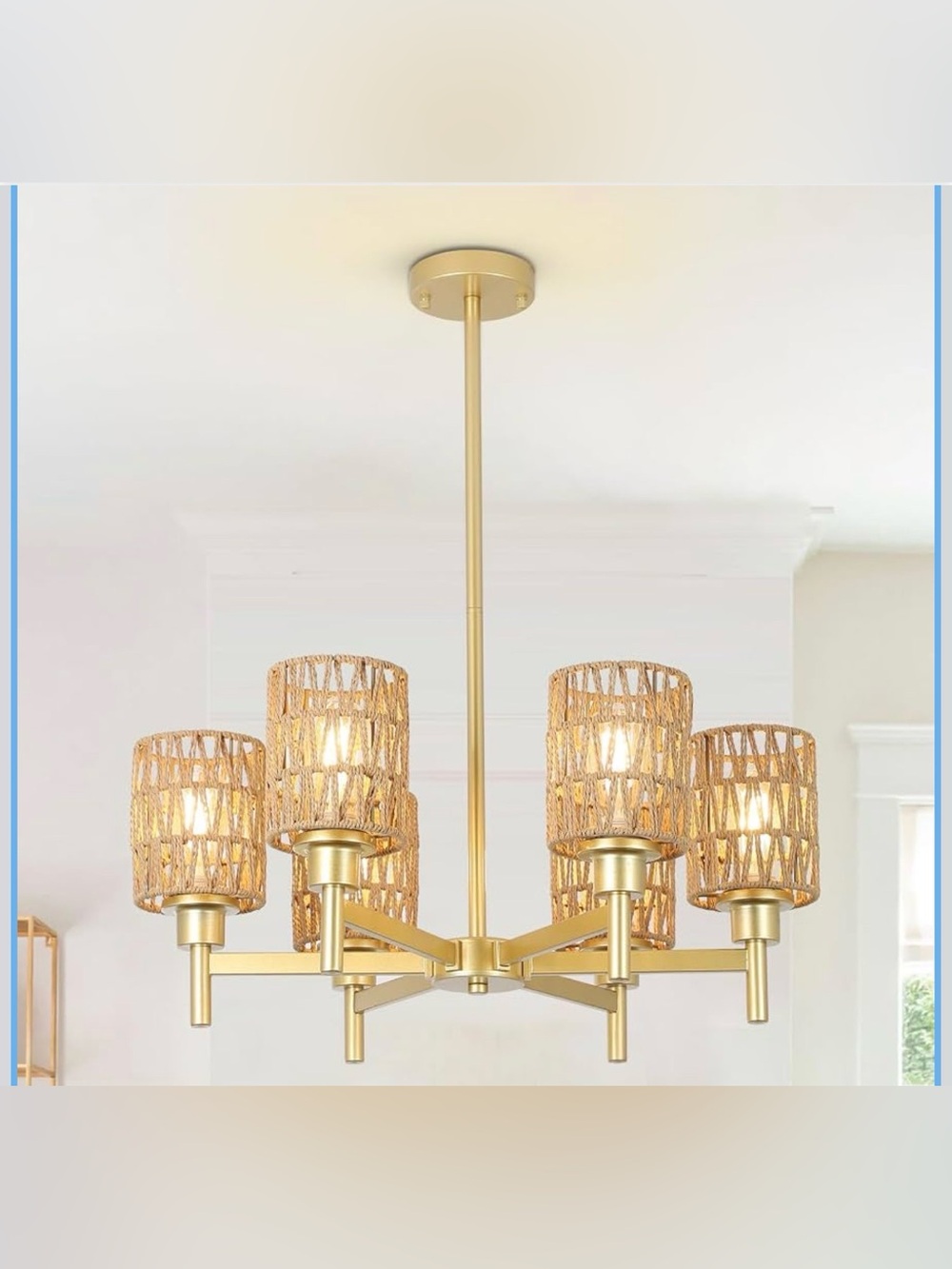 6-Lights Gold Chandelier Light Fixture - Boho Rattan Chandeliers for Dining Room